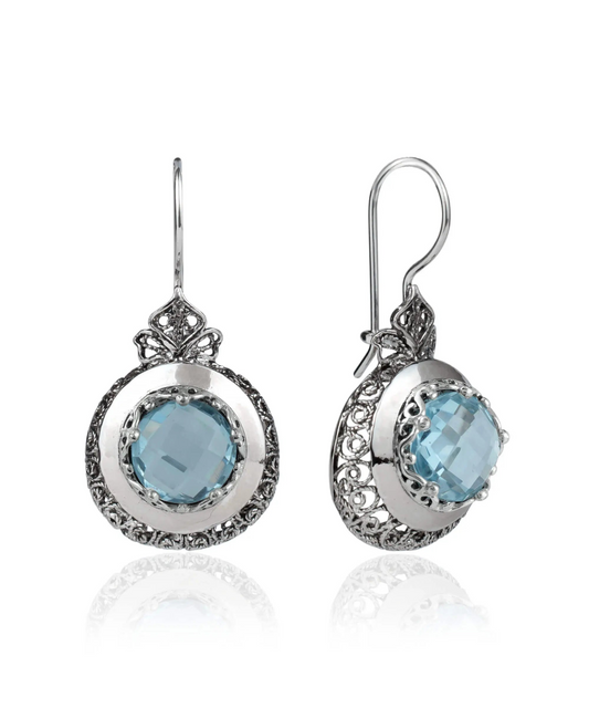 Sterling Silver Filigree Art Blue Topaz Gemstone Women Drop Earrings