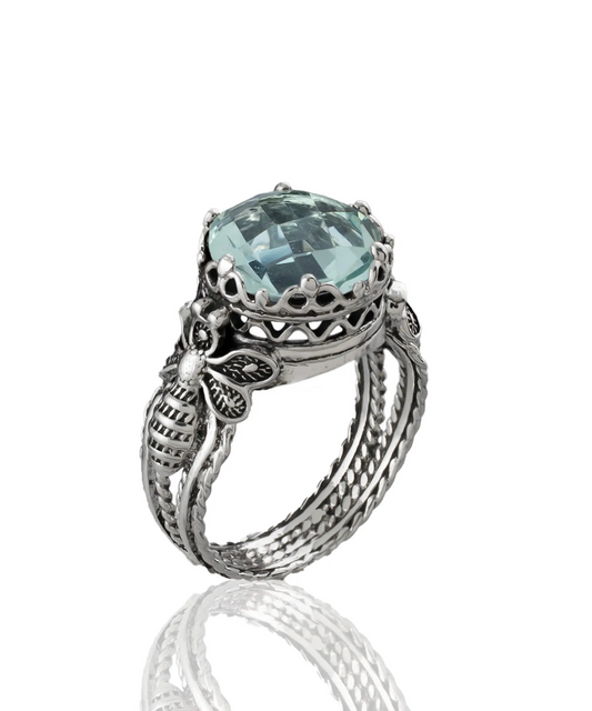 Bee Detailed Aquamarine Gemstone Filigree Art Women Silver Cocktail Ring