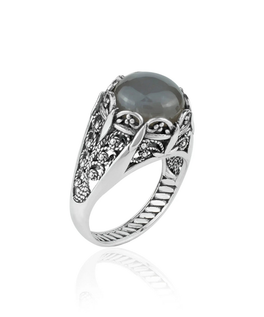 Filigree Art Gray Moonstone Gemstone Women Silver Cocktail Ring