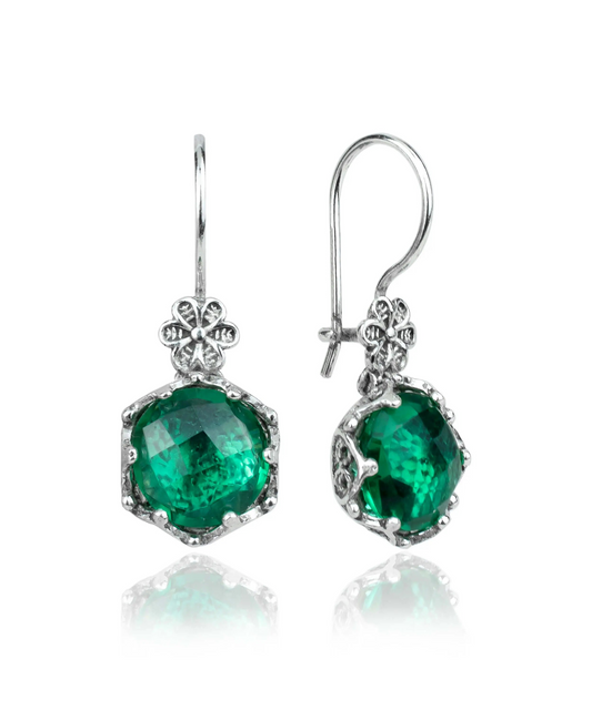 Filigree Art Emerald Gemstone Women Sterling Silver Drop Earrings