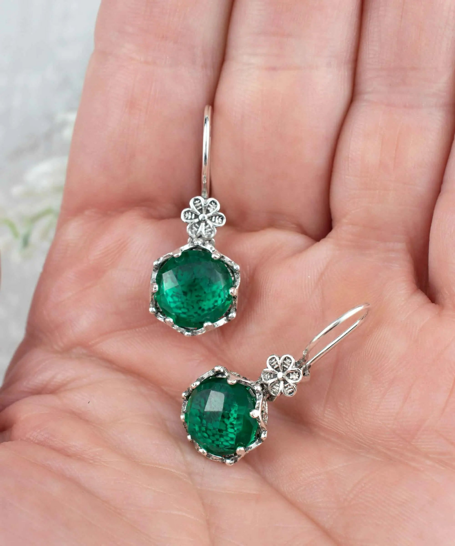 Filigree Art Emerald Gemstone Women Sterling Silver Drop Earrings