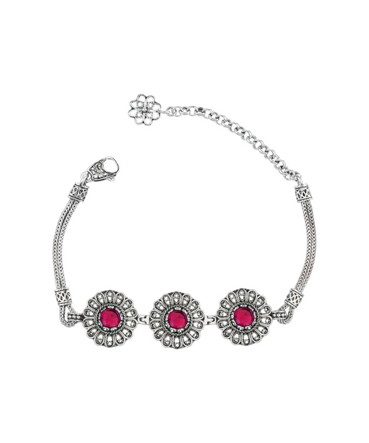 Filigree Art Ruby Gemstone Women Silver Link Bracelet