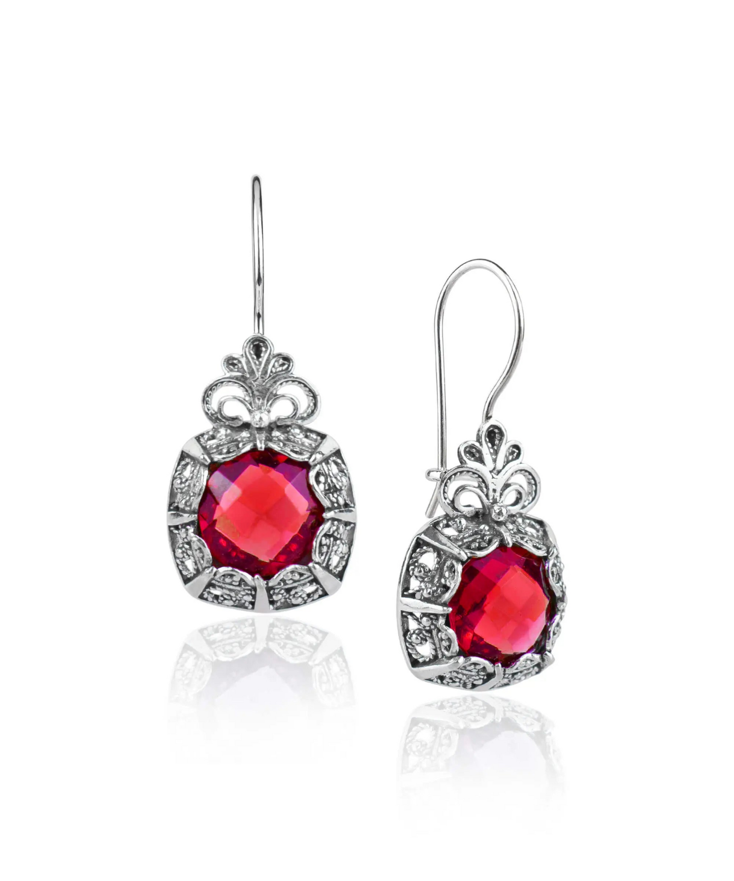 Filigree Art Ruby Gemstone Woman Silver Drop Earrings