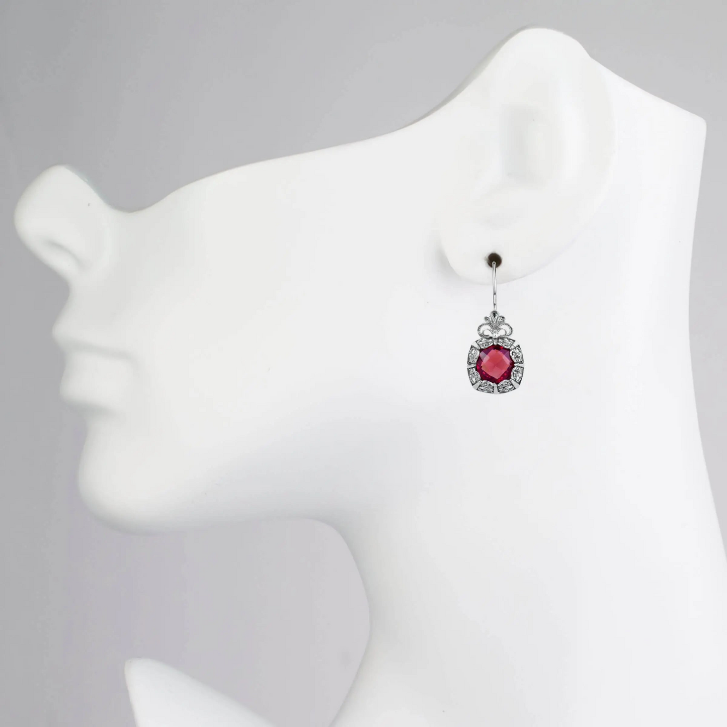 Filigree Art Ruby Gemstone Woman Silver Drop Earrings