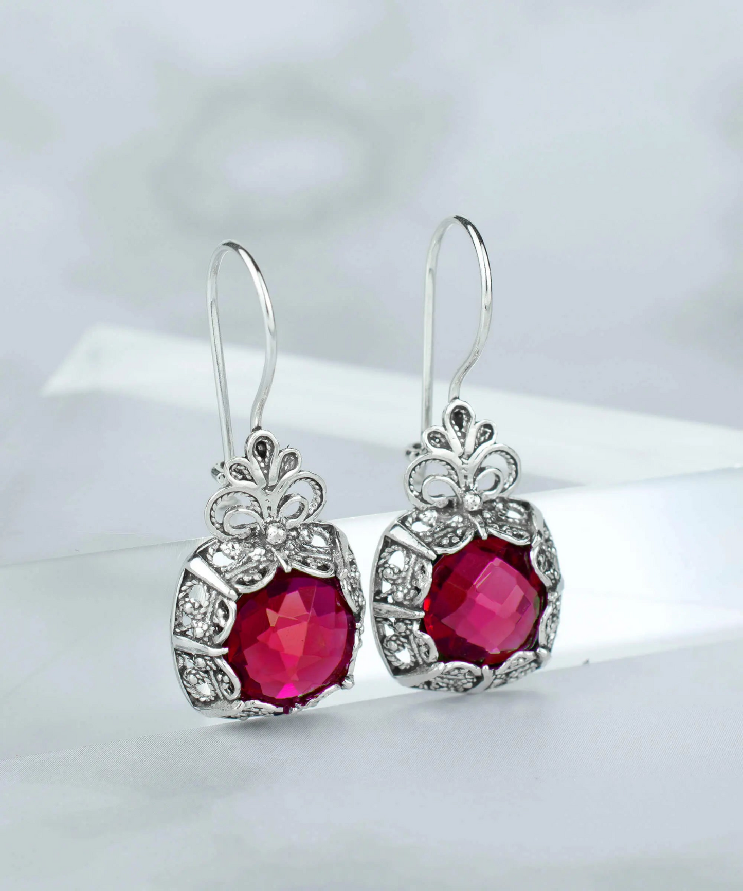 Filigree Art Ruby Gemstone Woman Silver Drop Earrings