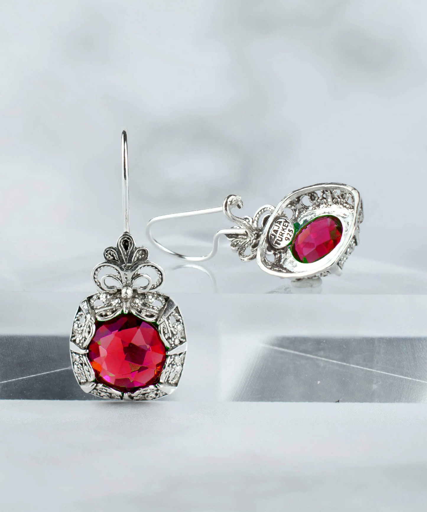 Filigree Art Ruby Gemstone Woman Silver Drop Earrings