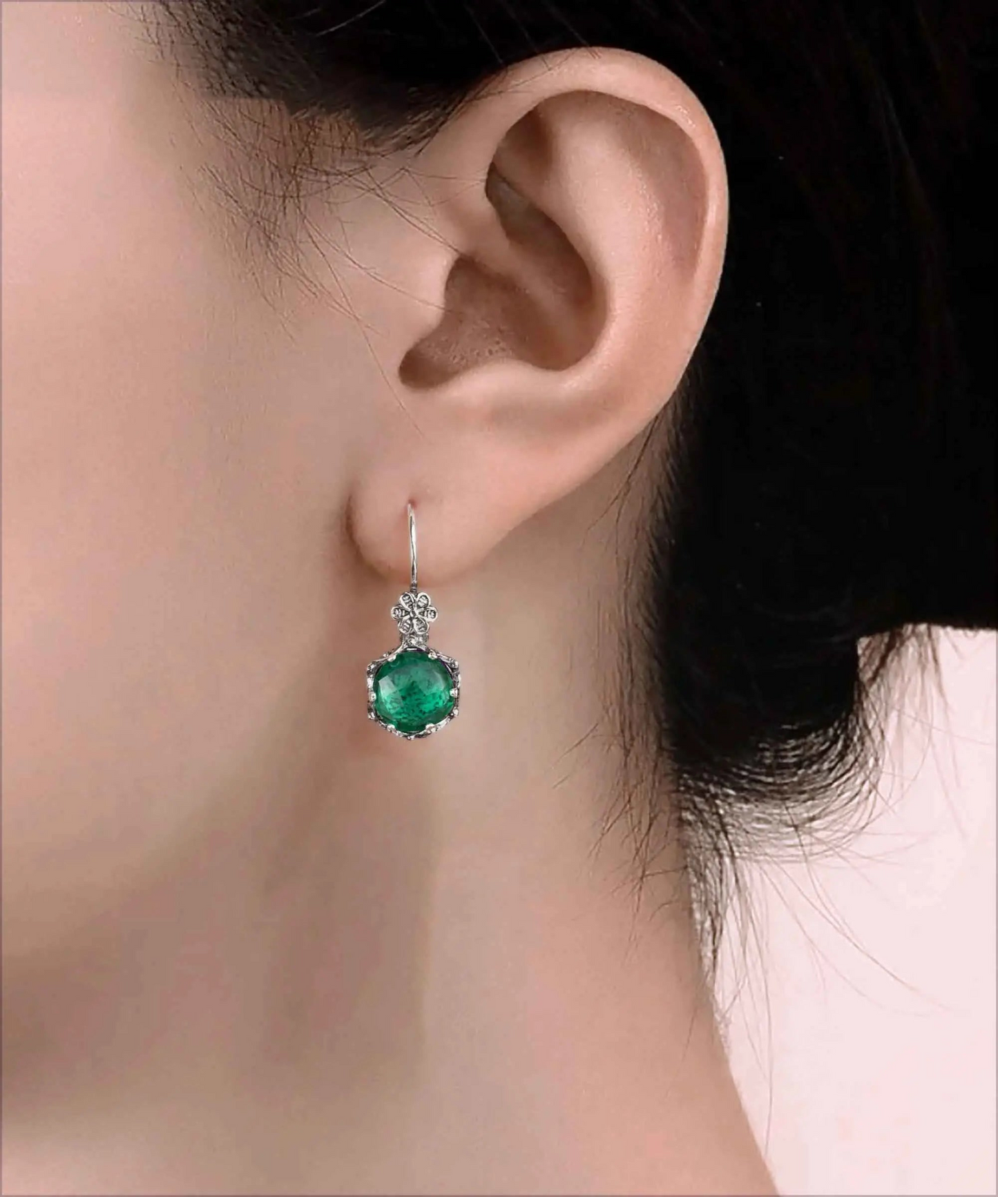 Filigree Art Emerald Gemstone Women Sterling Silver Drop Earrings