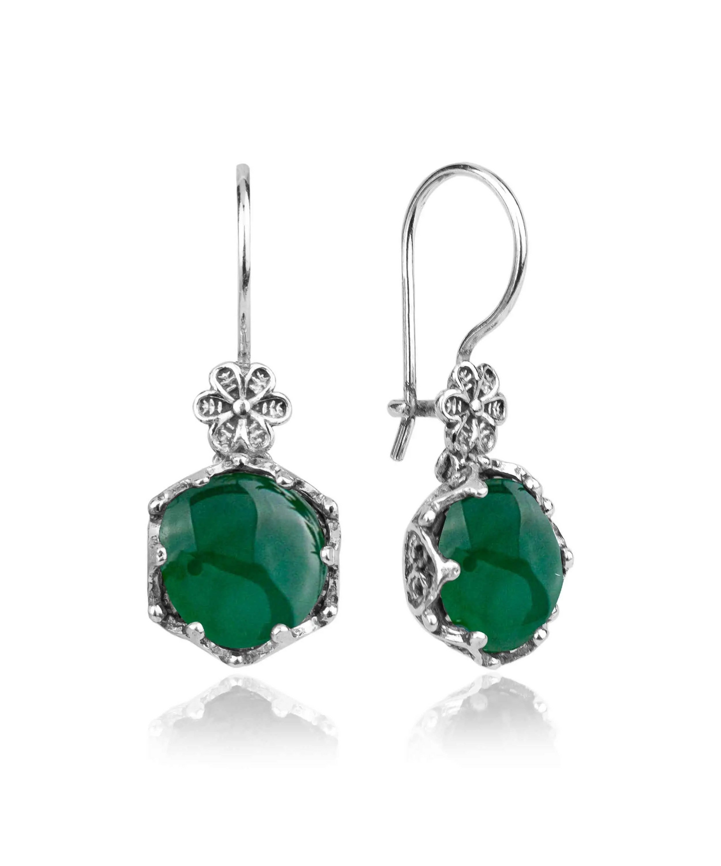 Filigree Art Green Agate Gemstone Women Sterling Silver Drop Earrings