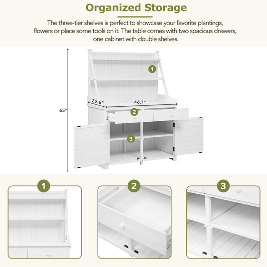 65inch Garden Potting Bench Table, Fir Wood Workstation with Storage Shelf, Drawer and Cabinet, White