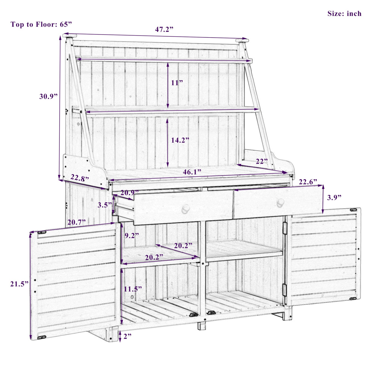 65inch Garden Potting Bench Table, Fir Wood Workstation with Storage Shelf, Drawer and Cabinet, White