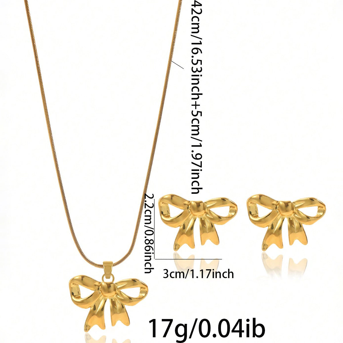 Gold Bow Necklace and Earring Set, 18K Plated and Hypoallergenic
