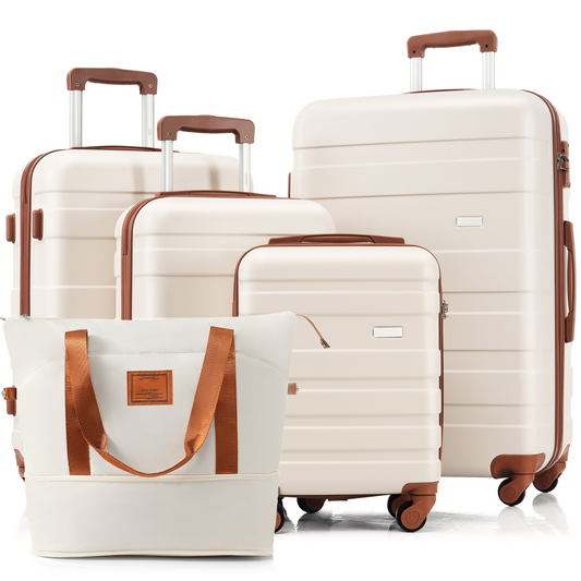 5-Piece Luggage Set with Expandable Travel Bag - Includes 16", 20", 24", 28" Suitcases with 360° Spinner Wheels and Adjustable Telescopic Handles, ivory and brown