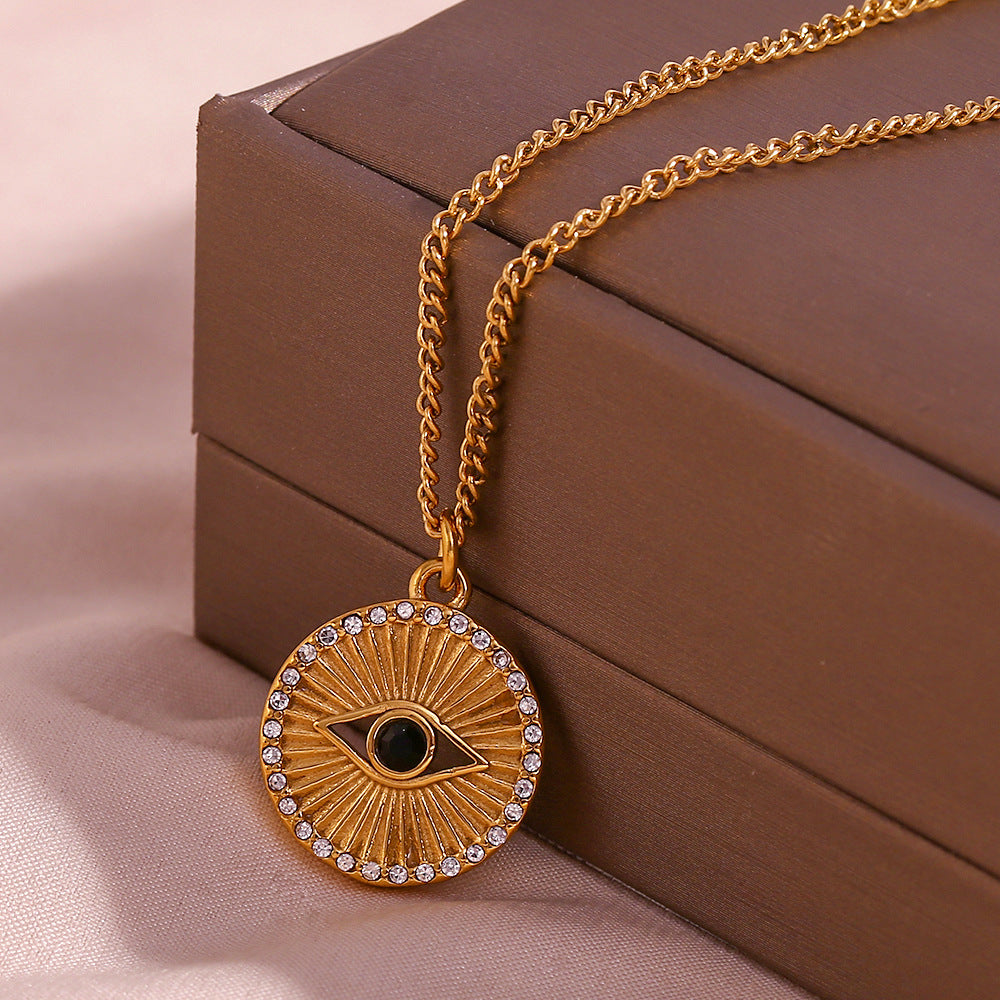 Minimalist Evil Eye Coin Necklace, Black Eye Pendant, 18K Gold PVD 316L Stainless Steel, AAA Zircon