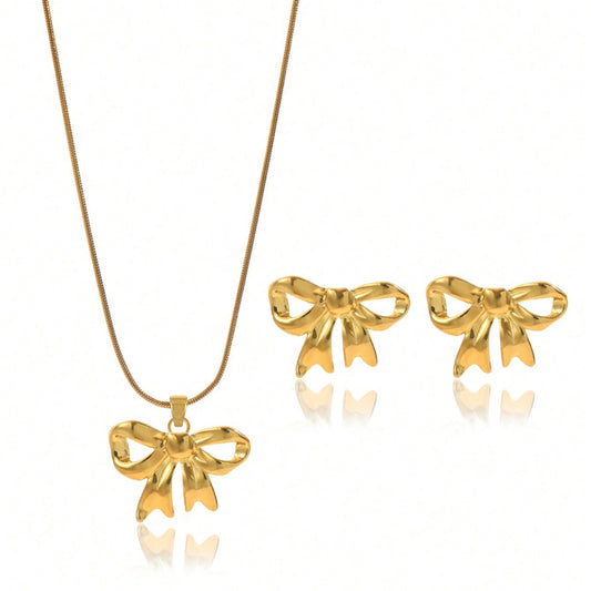 Gold Bow Necklace and Earring Set, 18K Plated and Hypoallergenic