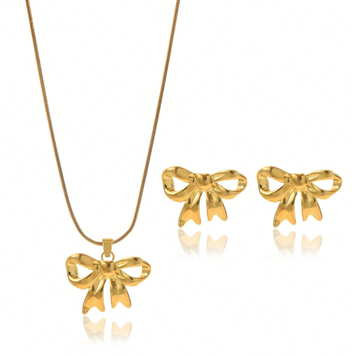 Gold Bow Necklace and Earring Set, 18K Plated and Hypoallergenic
