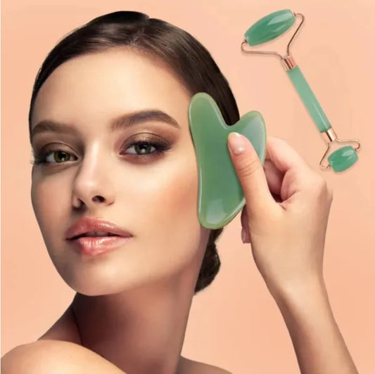 Facial Massager Set: Jade Roller + Gua Sha for Puffiness & Tension Relief