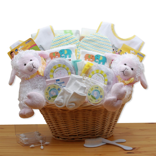 Double Delight Twins New Baby Gift Basket - Yellow - Baby Bath Set - Baby Shower Gifts