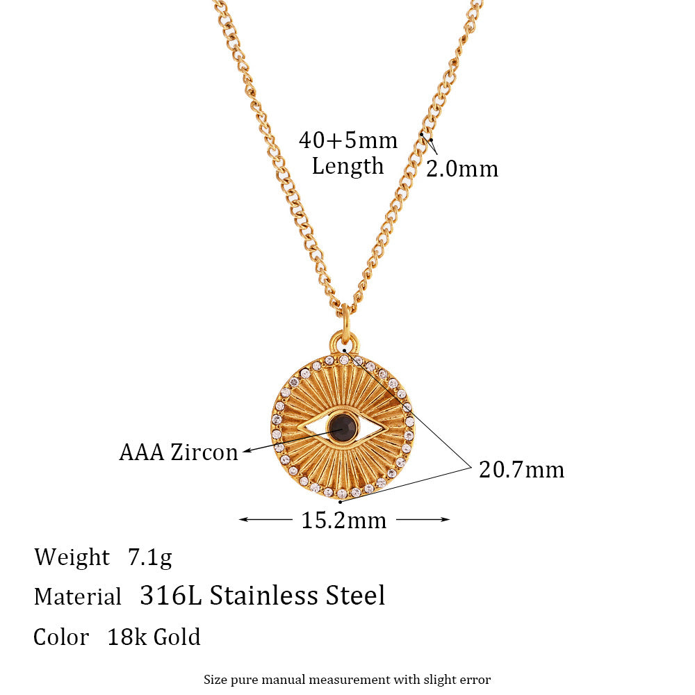 Minimalist Evil Eye Coin Necklace, Black Eye Pendant, 18K Gold PVD 316L Stainless Steel, AAA Zircon
