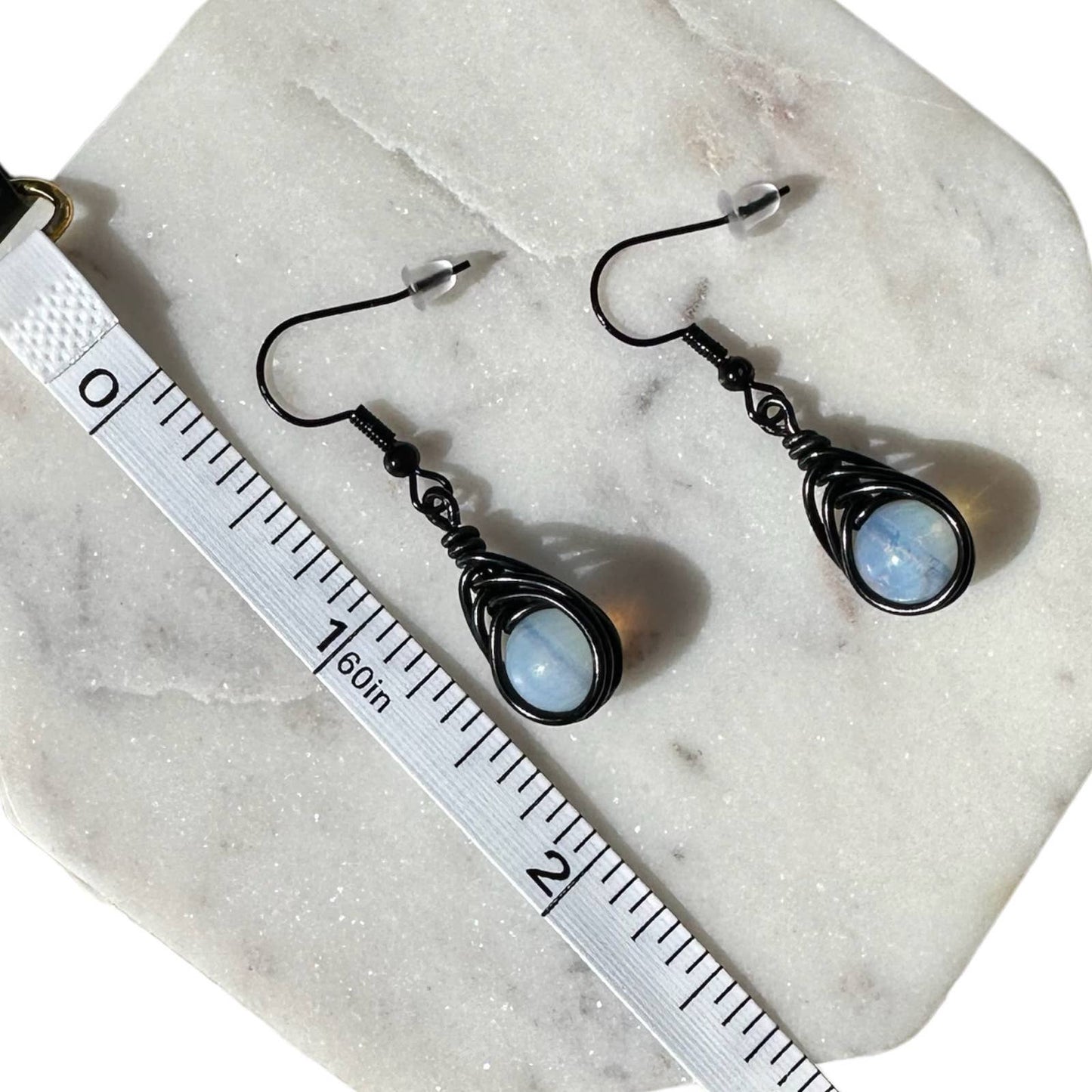 Handmade Opalescent Moonstone Black Wire-Wrapped Earrings