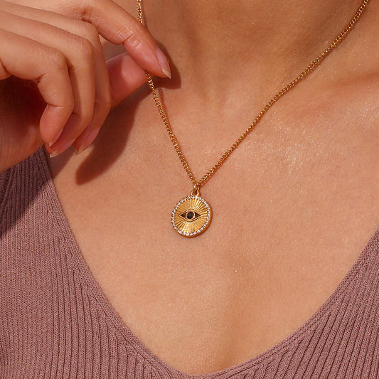 Minimalist Evil Eye Coin Necklace, Black Eye Pendant, 18K Gold PVD 316L Stainless Steel, AAA Zircon