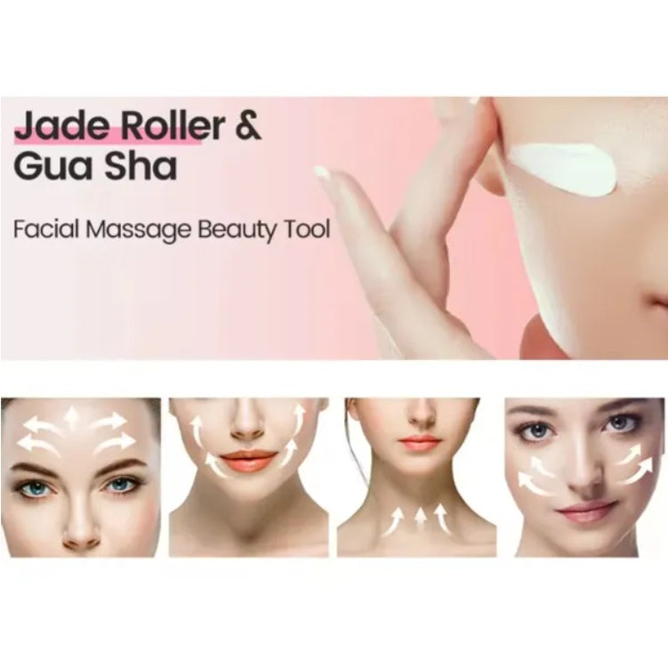 Facial Massager Set: Jade Roller + Gua Sha for Puffiness & Tension Relief