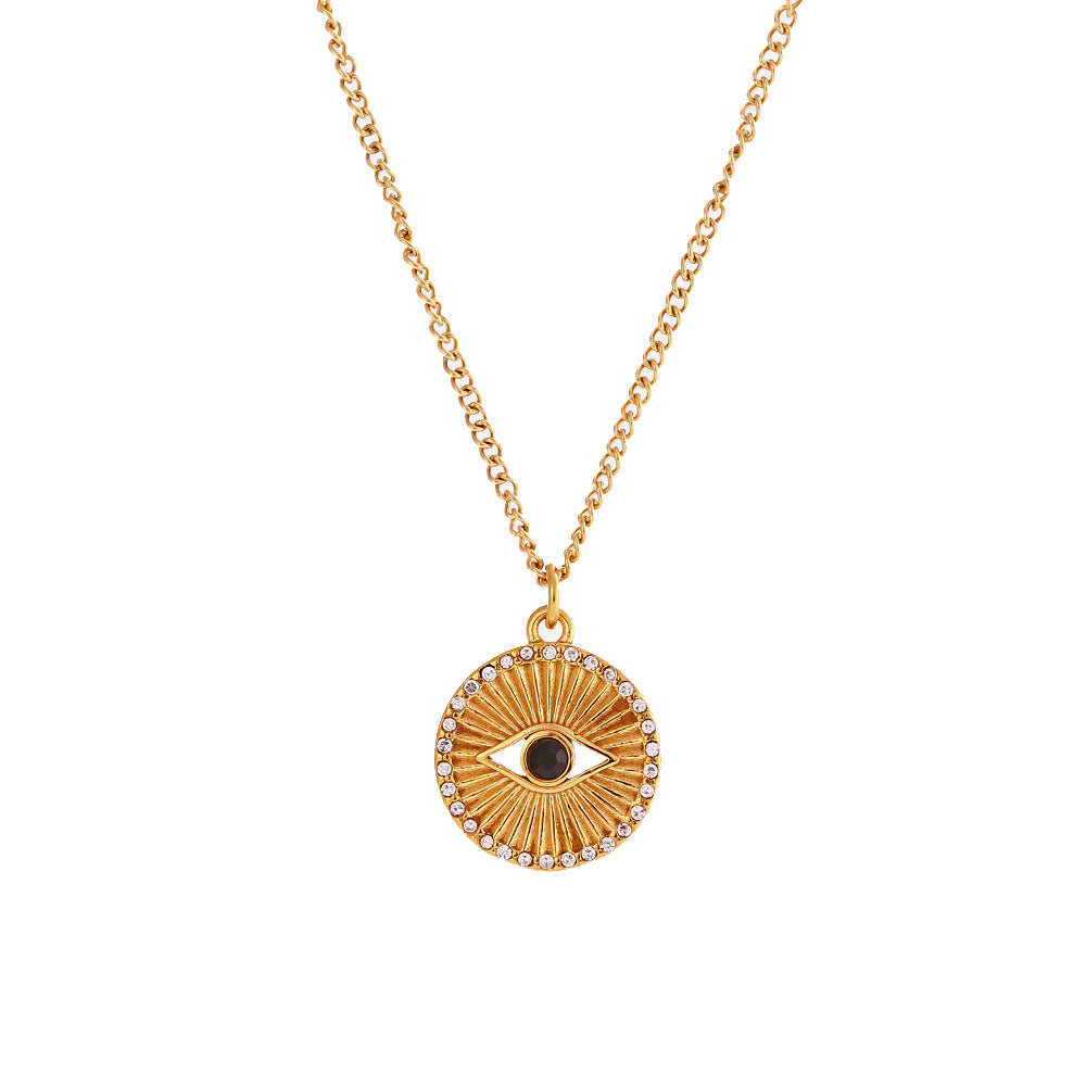 Minimalist Evil Eye Coin Necklace, Black Eye Pendant, 18K Gold PVD 316L Stainless Steel, AAA Zircon