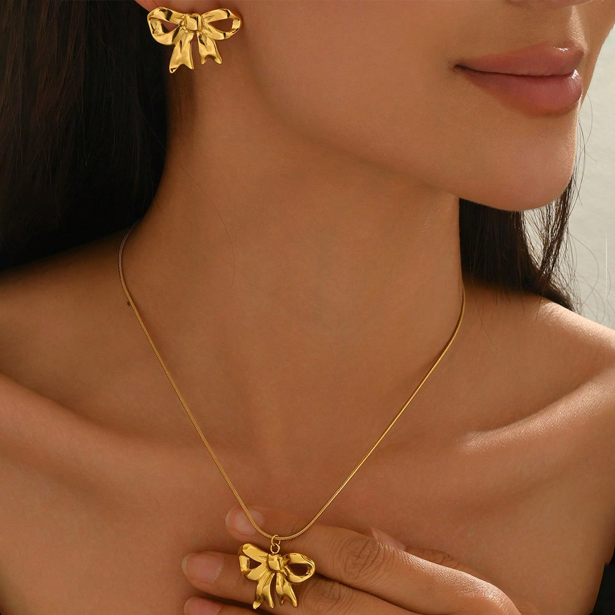 Gold Bow Necklace and Earring Set, 18K Plated and Hypoallergenic