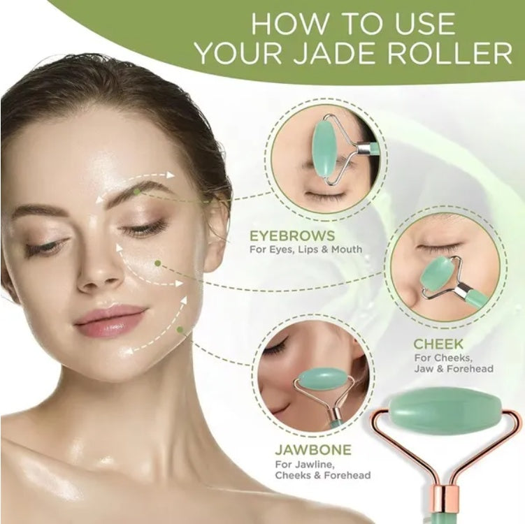 Facial Massager Set: Jade Roller + Gua Sha for Puffiness & Tension Relief