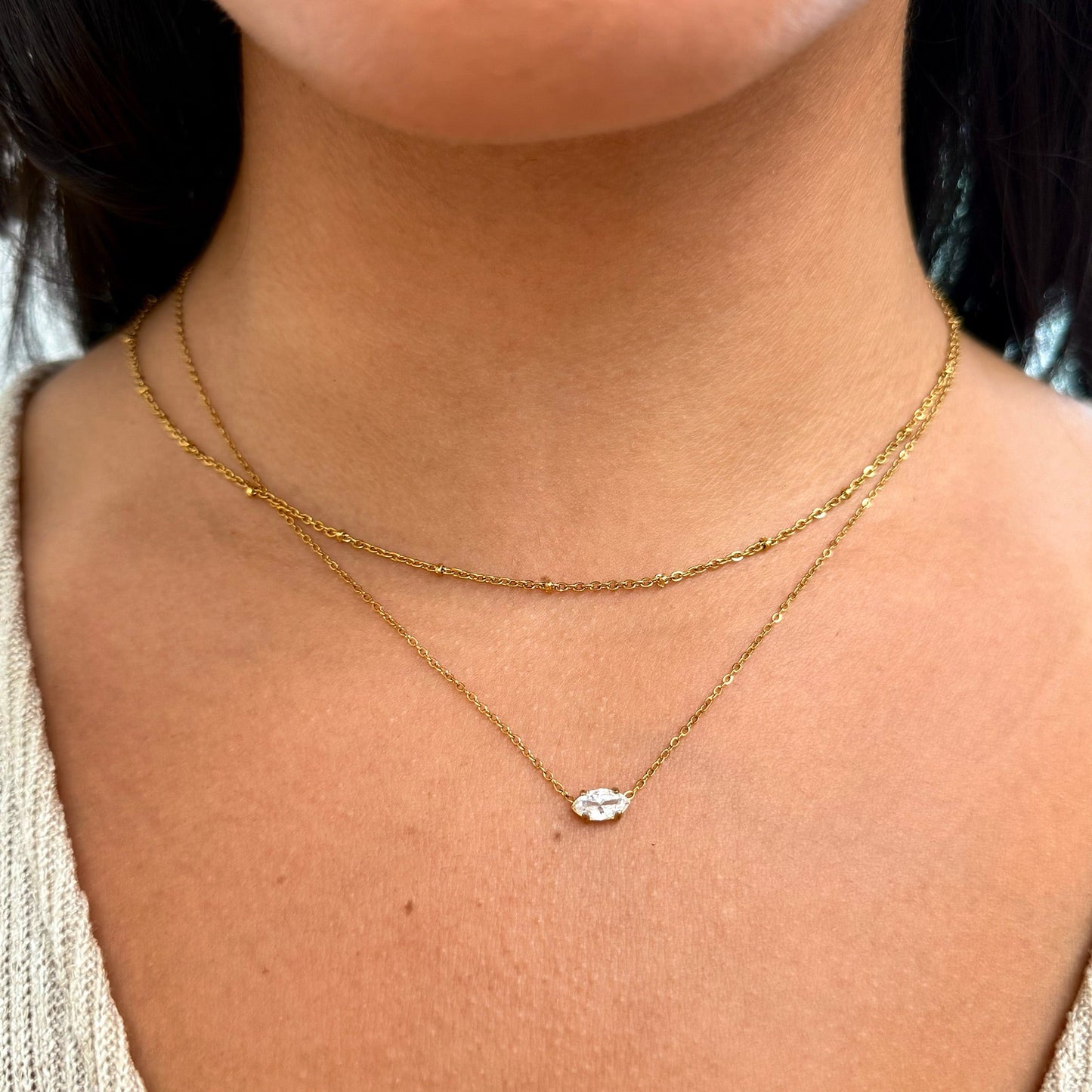 18K Gold Dainty Marquis CZ Pendant Necklace Waterproof Hypoallergenic