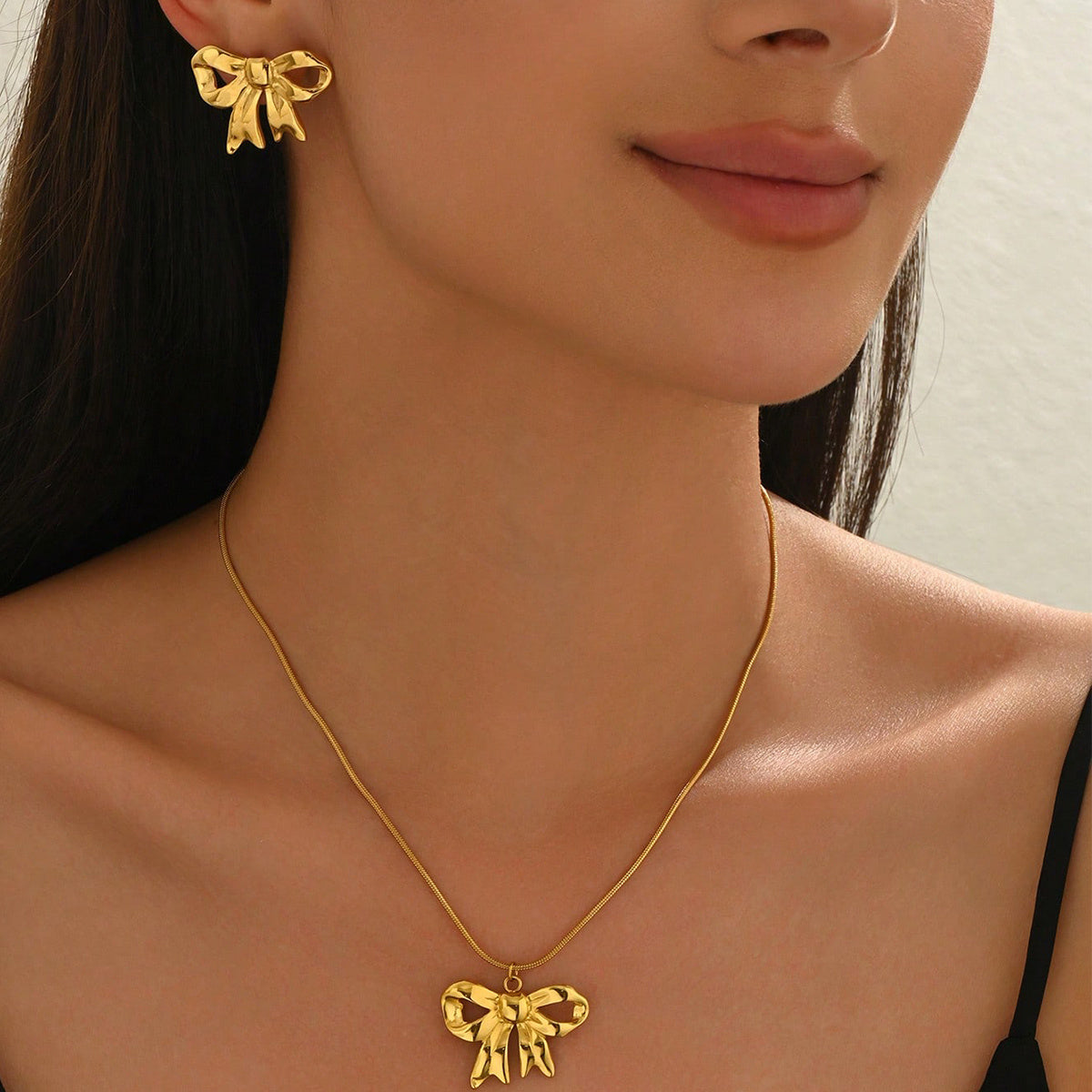 Gold Bow Necklace and Earring Set, 18K Plated and Hypoallergenic