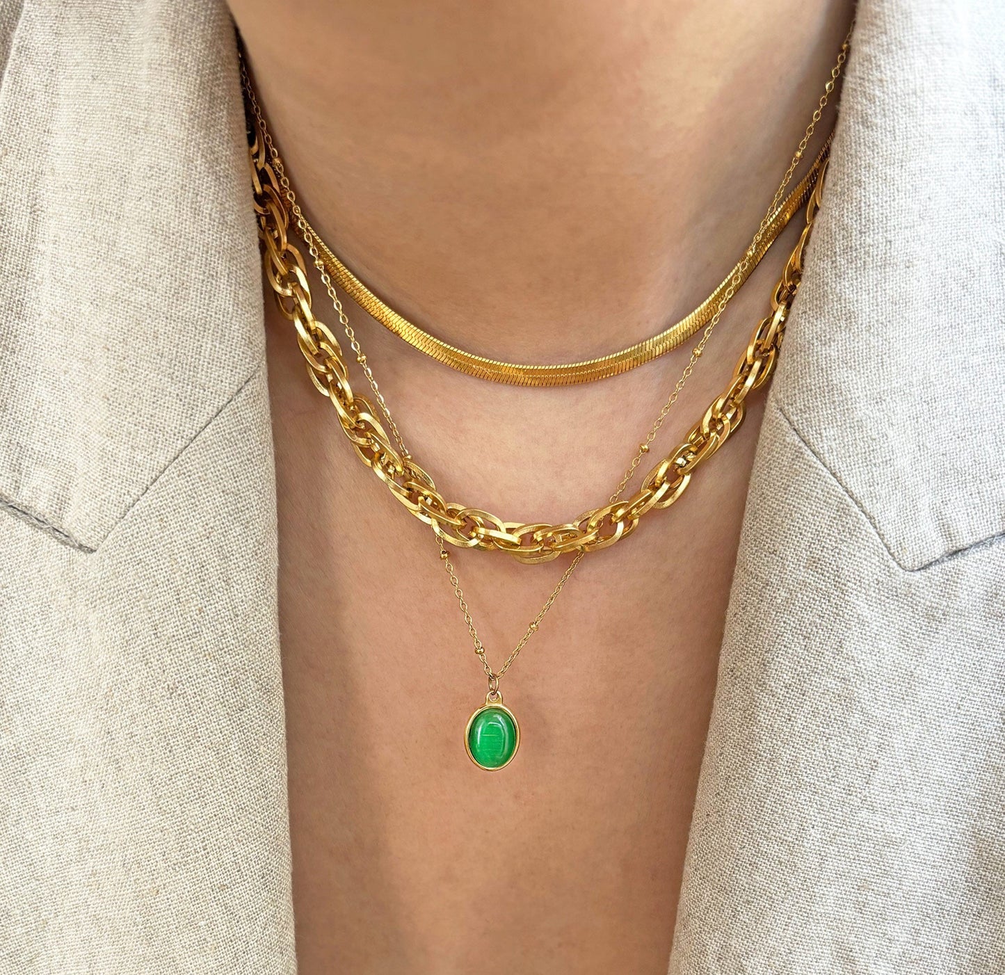 Gold Green Cat’s Eye Pendant Necklace Waterproof Hypoallergenic Jewelry