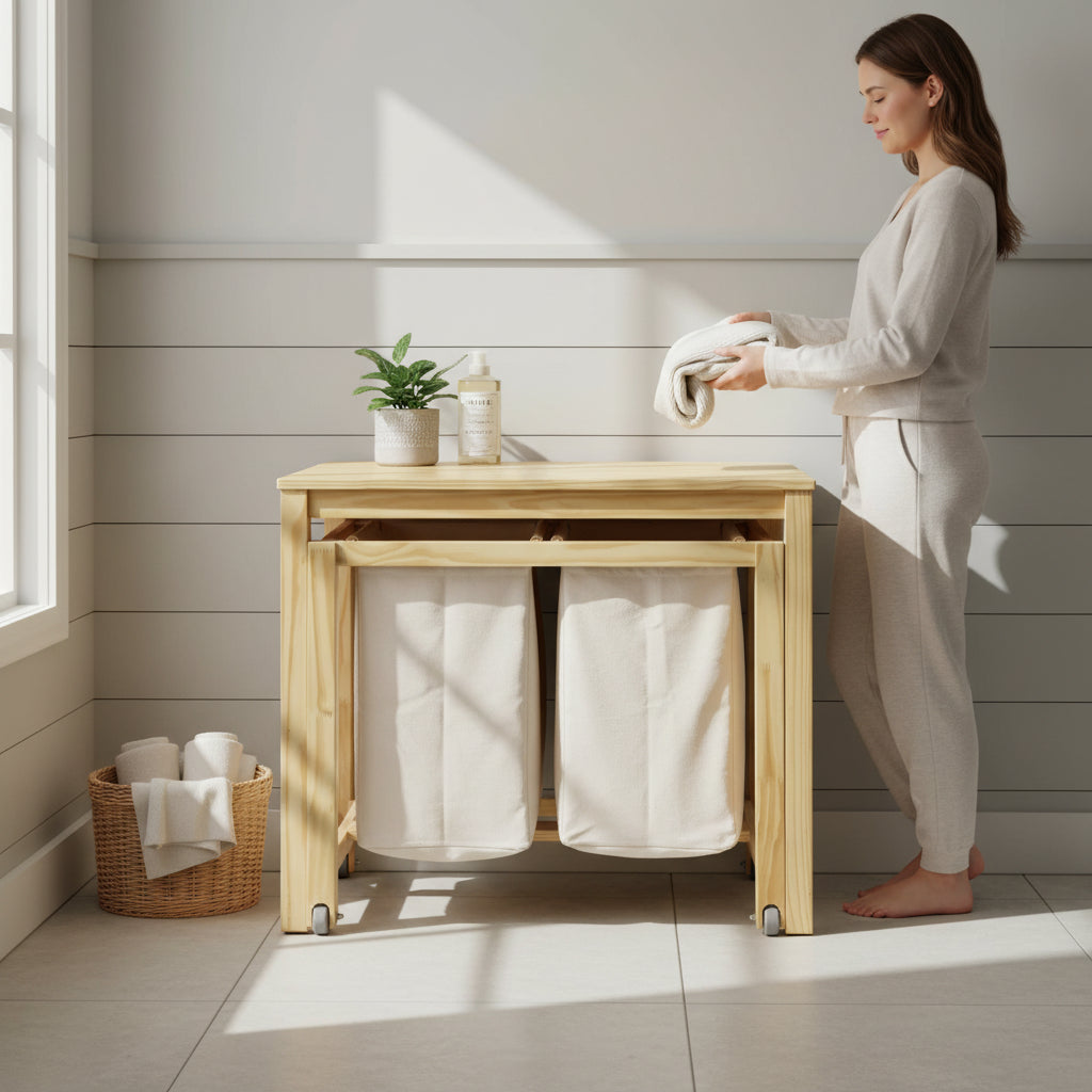 Eco Home Solid Wood Laundry Prep Hamper with Rolling Baskets