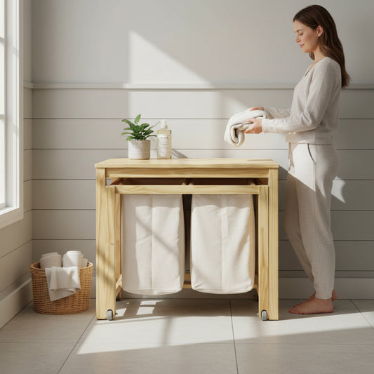 Eco Home Solid Wood Laundry Prep Hamper with Rolling Baskets