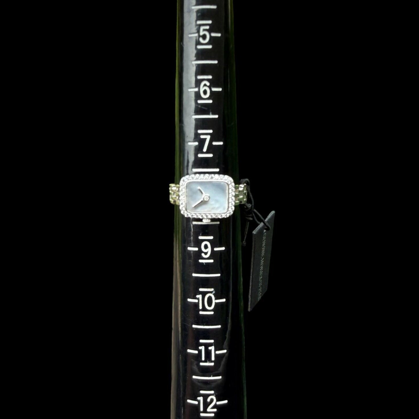 Sterling Silver Mother of Pearl Watch-Style Ring – Size 8 – Crystal Accent Border