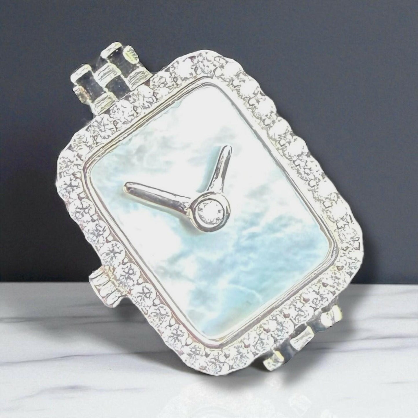 Sterling Silver Mother of Pearl Watch-Style Ring – Size 8 – Crystal Accent Border