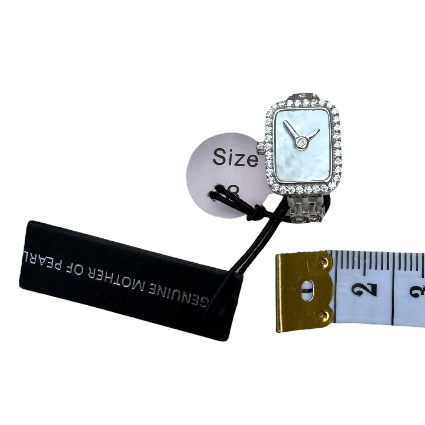 Sterling Silver Mother of Pearl Watch-Style Ring – Size 8 – Crystal Accent Border