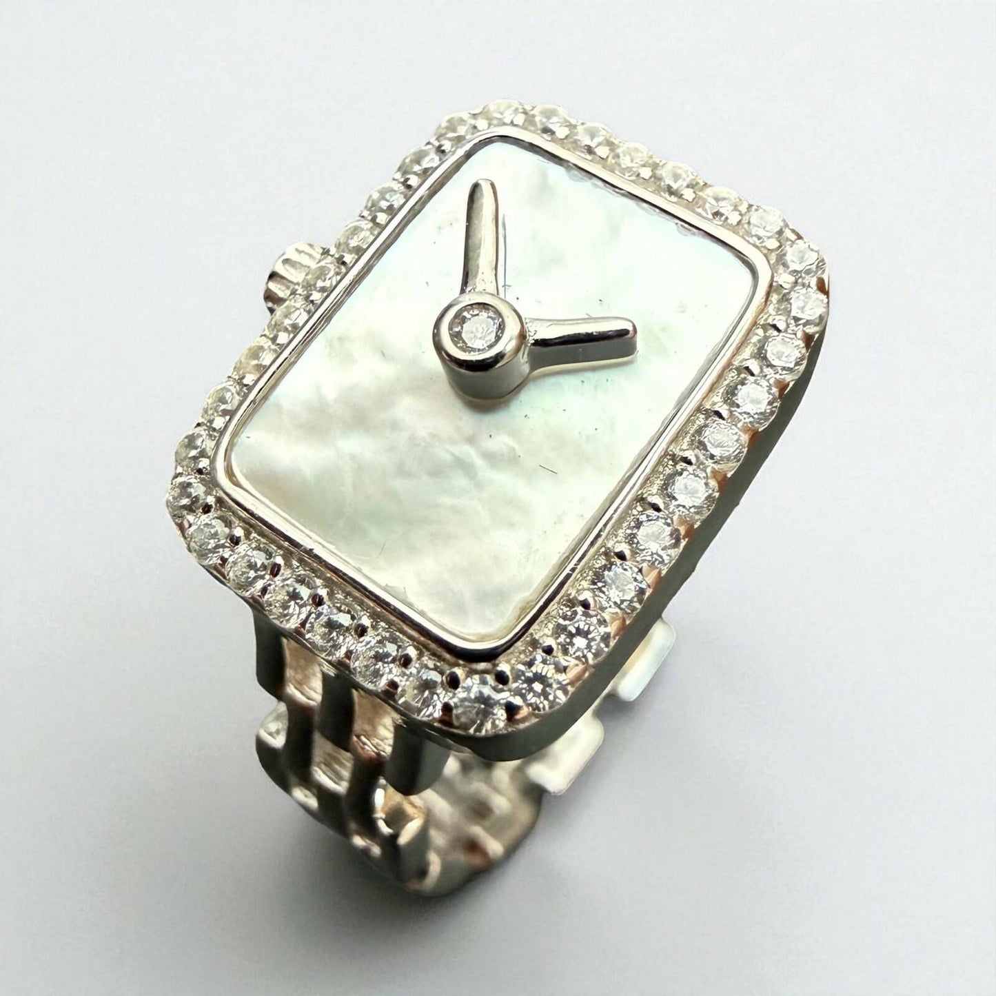 Sterling Silver Mother of Pearl Watch-Style Ring – Size 8 – Crystal Accent Border