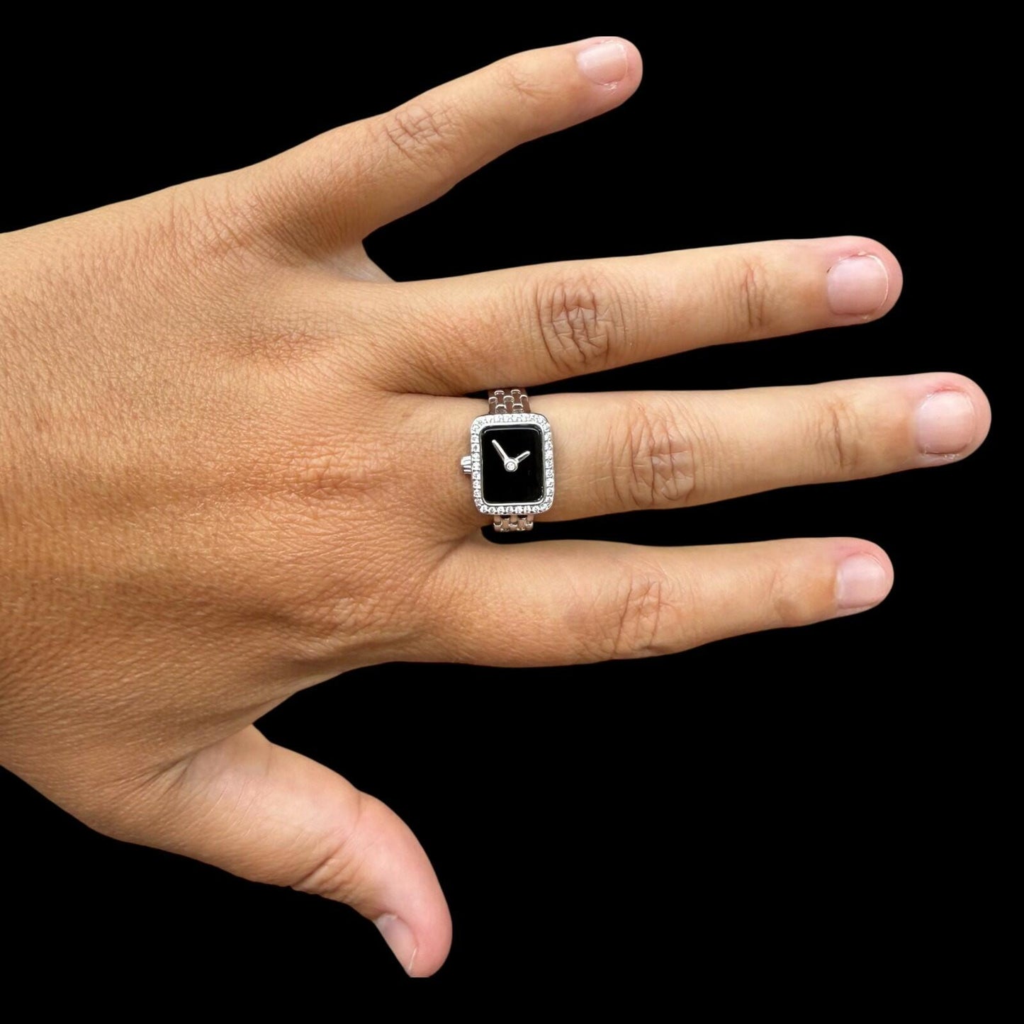 Sterling Silver Black Onyx Watch-Style Statement Ring – Size 7.25