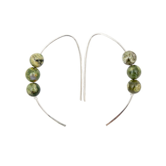 Handmade Rainforest Jasper Curves | Hammered Sterling Silver Rhyolite Earrings | Eco-Friendly Jewelry | Hypoallergenic & Nickel-Free | Natural Stone